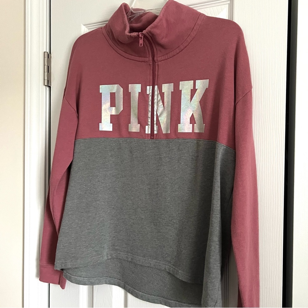 VS PINK Small Quarter Zip Mock Neck Pullover Mauve/Grey - Picture 4 of 6